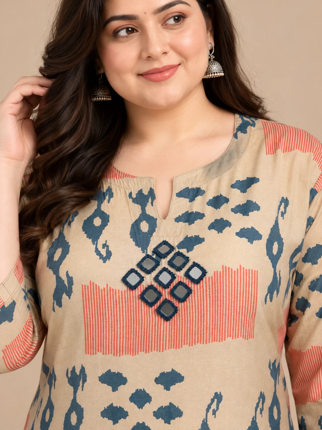 Warm Beige & blue Silk Gold Kurta