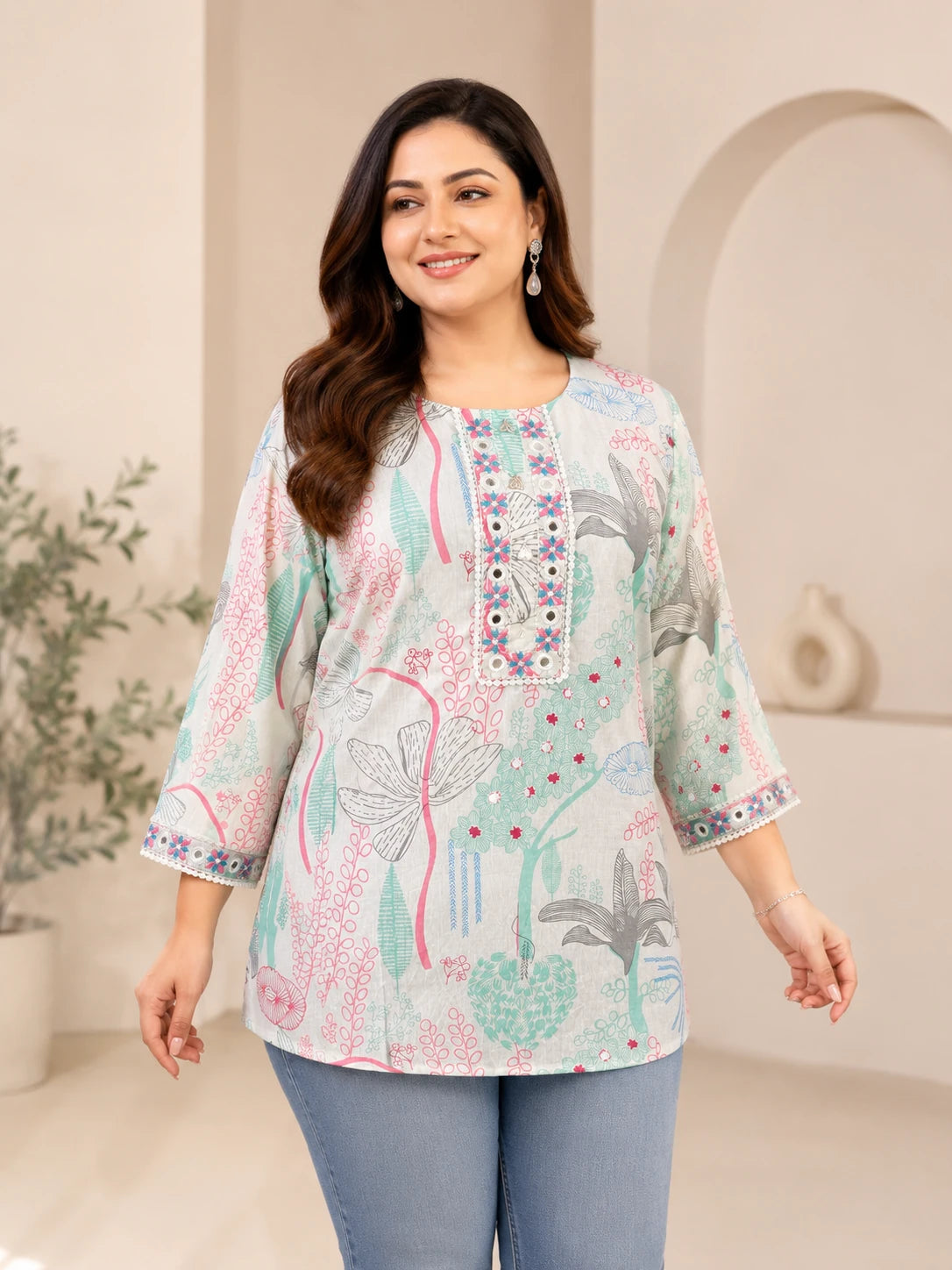 White Printed Tunic with Lacework