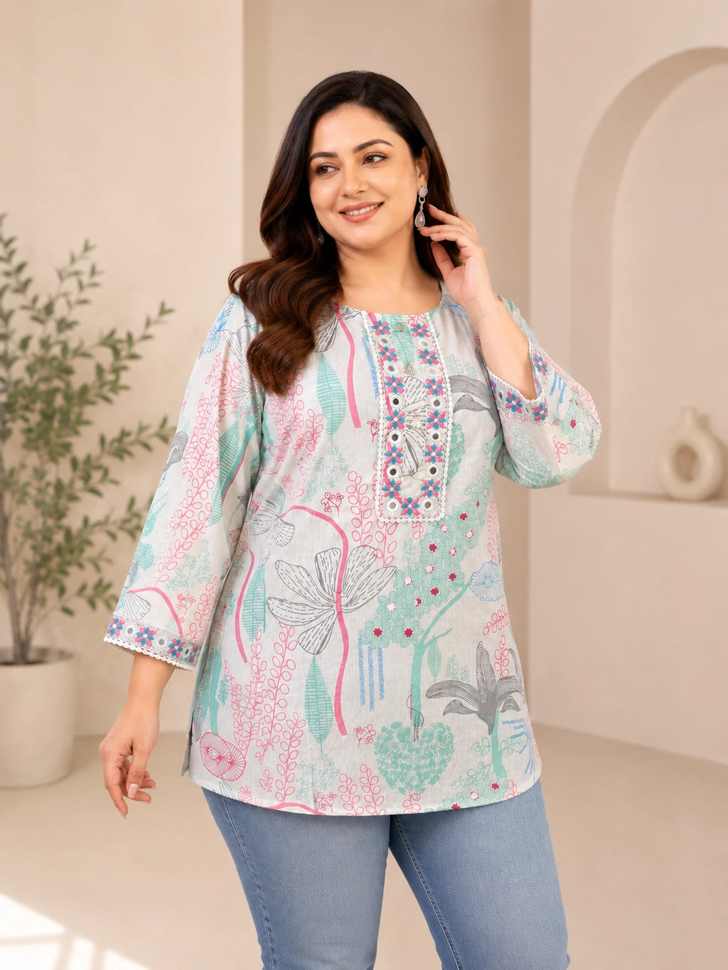 White Printed Tunic with Lacework