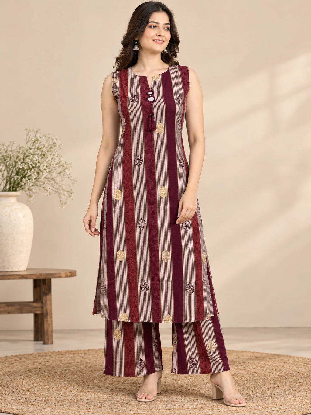 Wine Striped Kurta Palazo Set