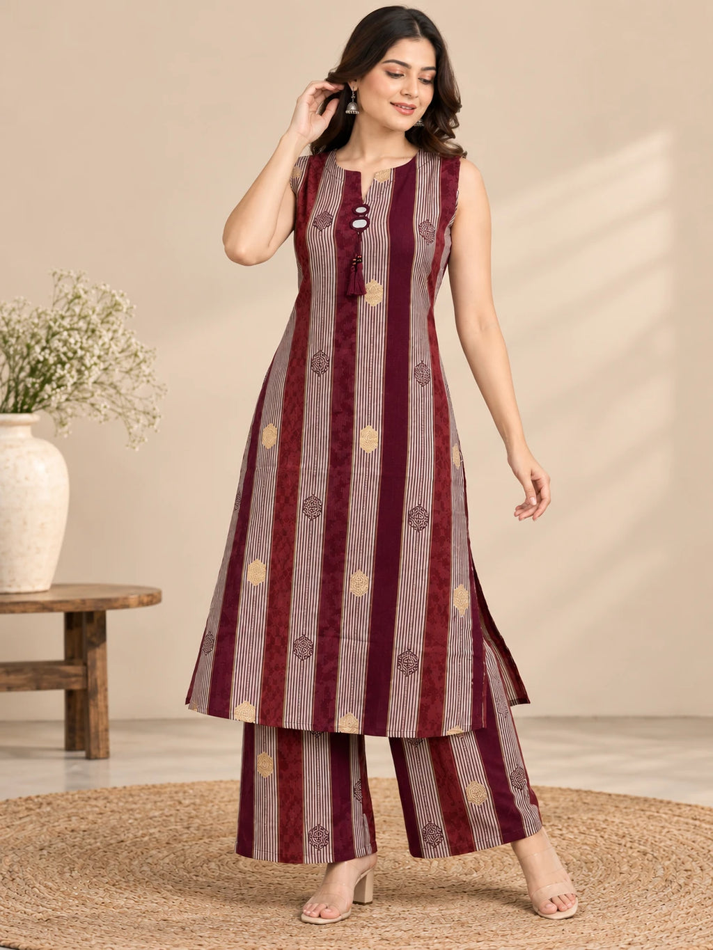 Wine Striped Kurta Palazo Set
