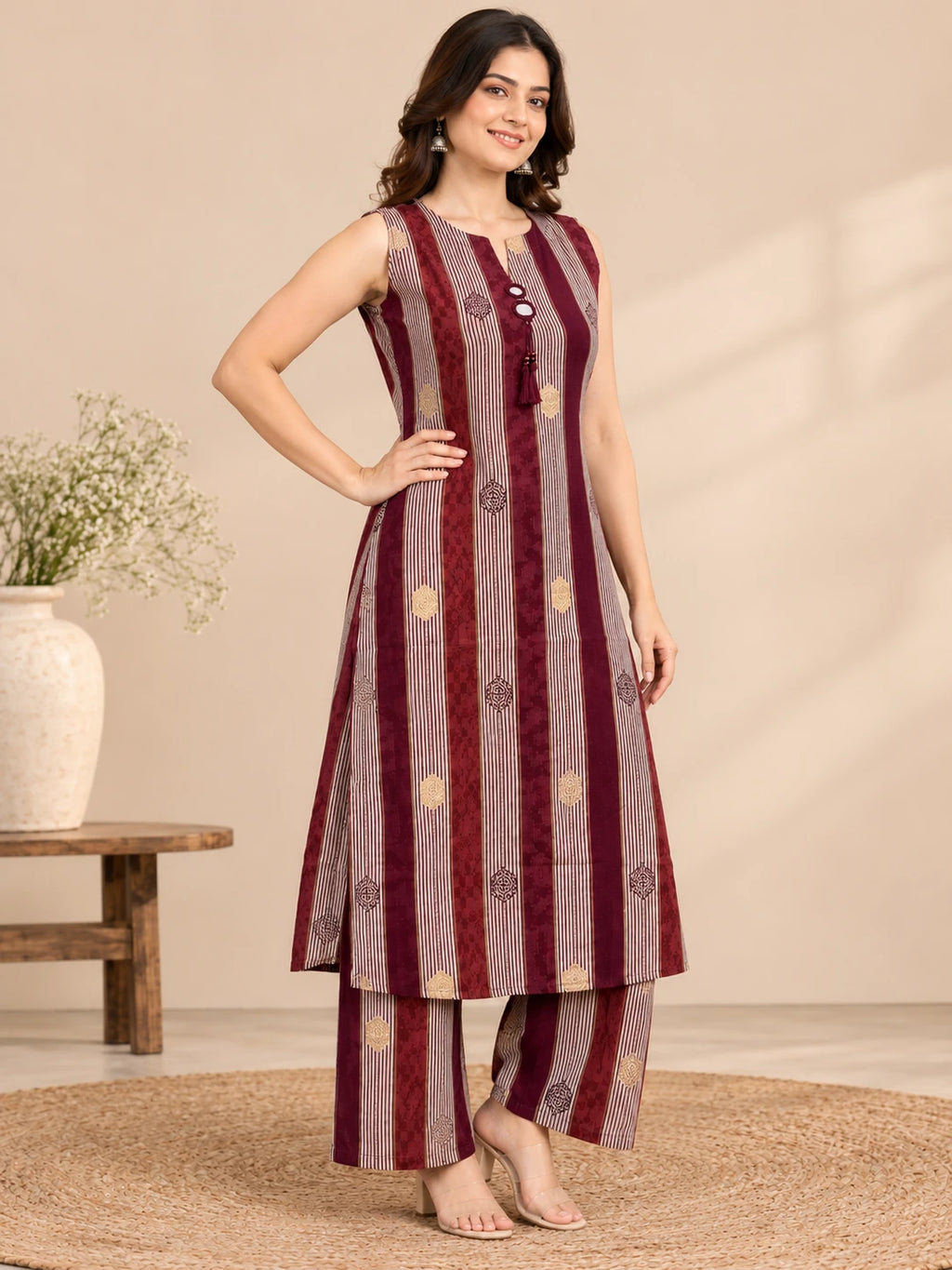 Wine Striped Kurta Palazo Set