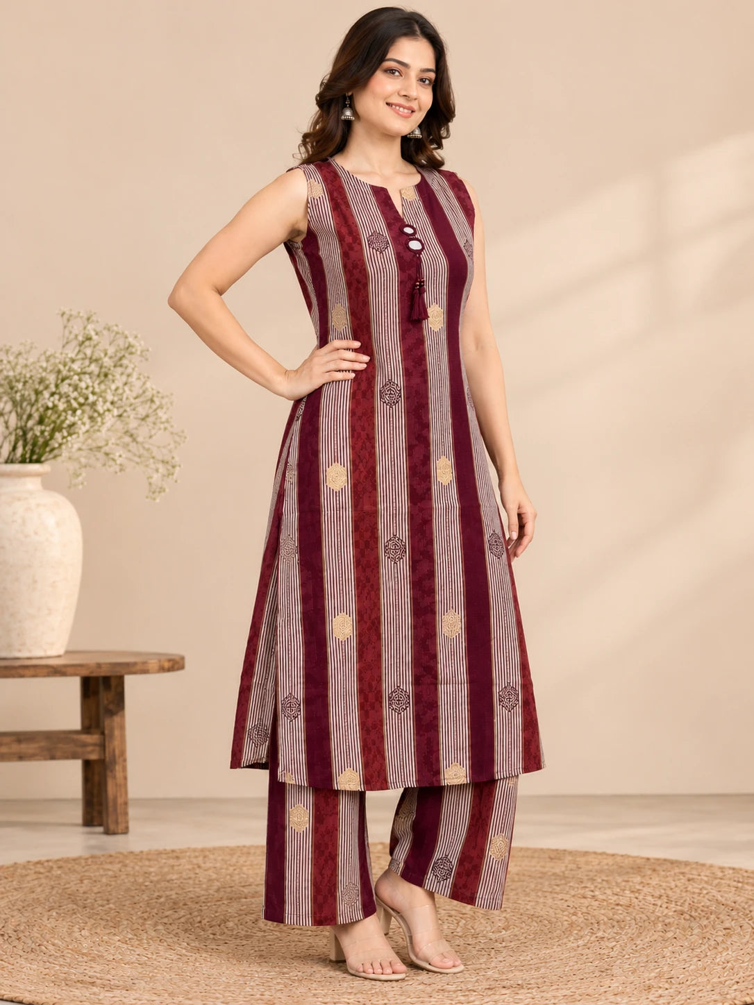 Wine Striped Kurta Palazo Set