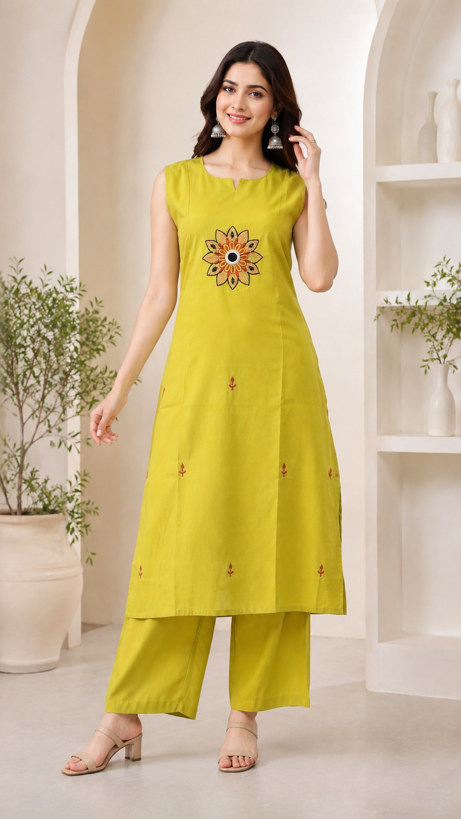 Vatican Lemon Yellow Embroidered A-Line Kurta Palazzo Co-ord Set