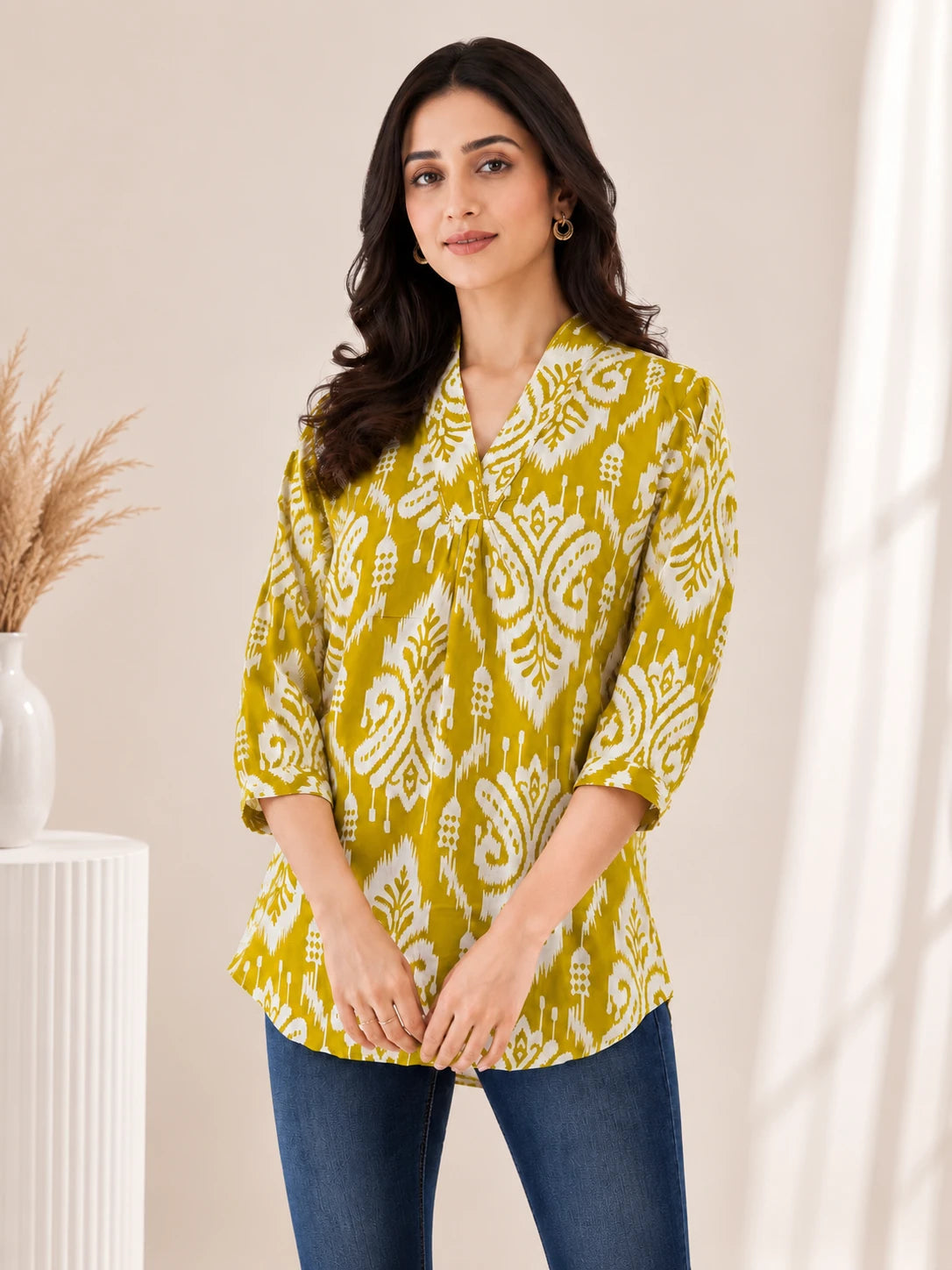 Yellow V-neck Rayon Tunic Top
