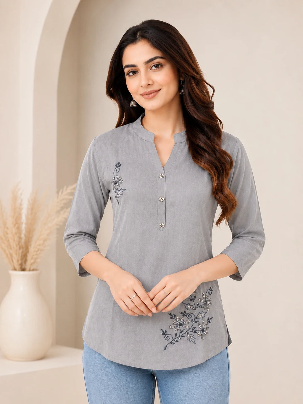 Grey Embroidered Tunic Top