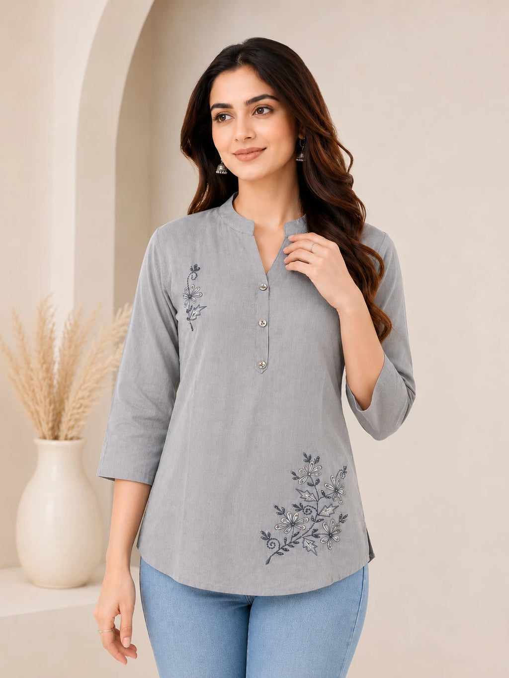 Grey Embroidered Tunic Top