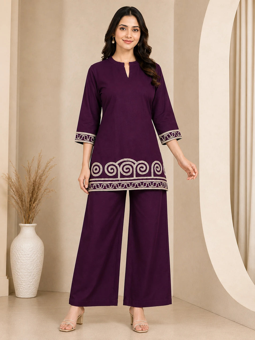 Purple Khadi Embroidered Short Co-ord Set