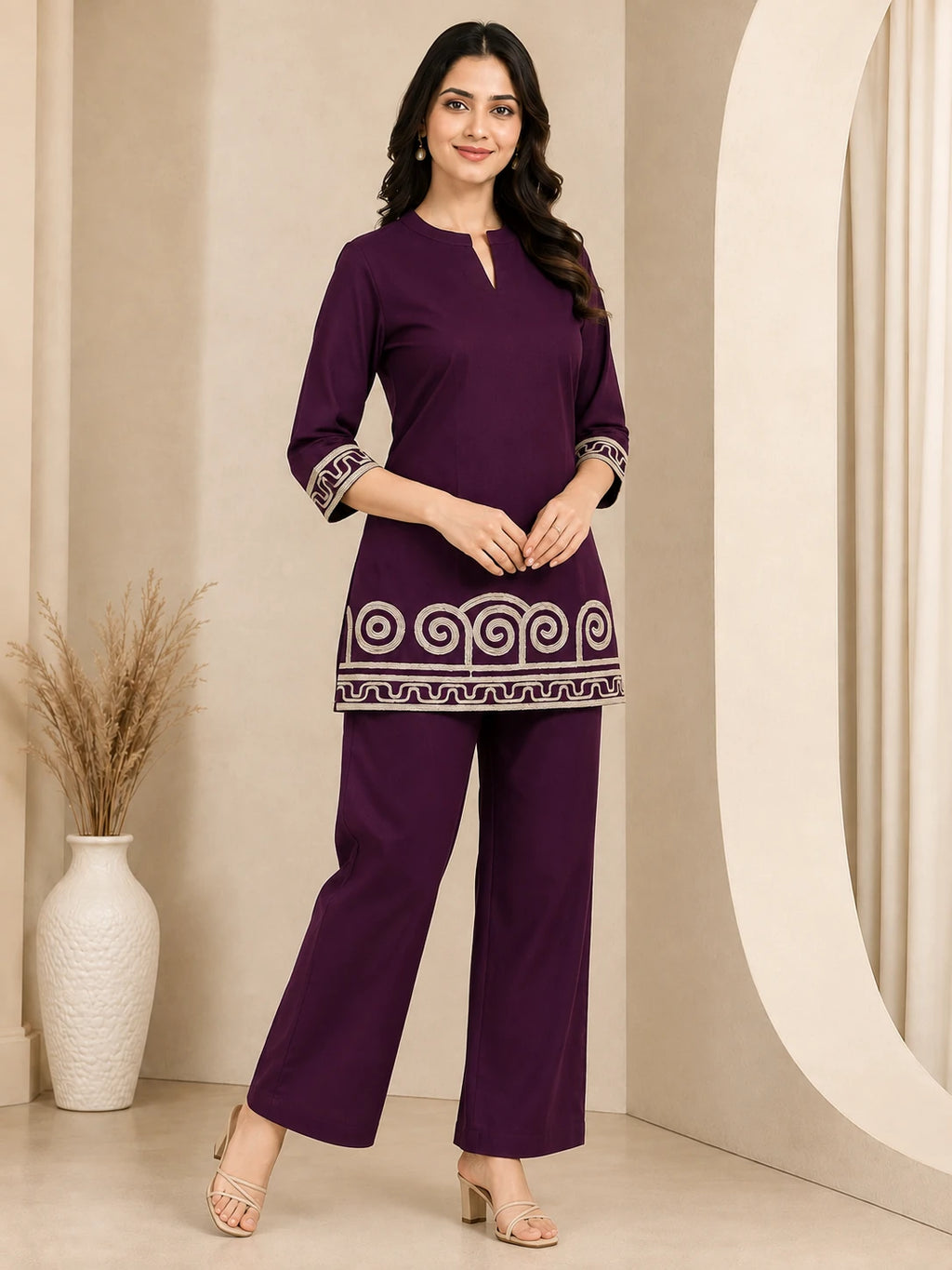 Purple Khadi Embroidered Short Co-ord Set