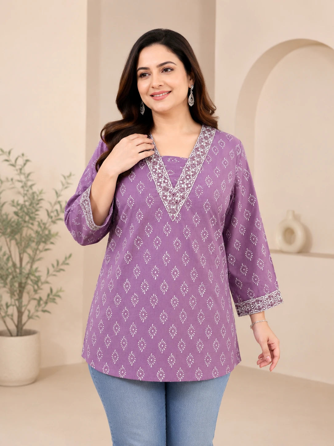 V-Neck Lilac Purple Tunic roidery