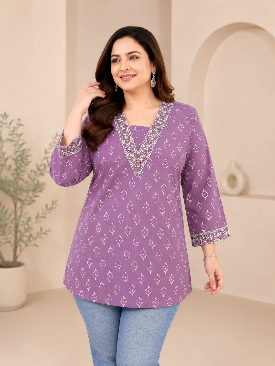 V-Neck Lilac Purple Tunic roidery