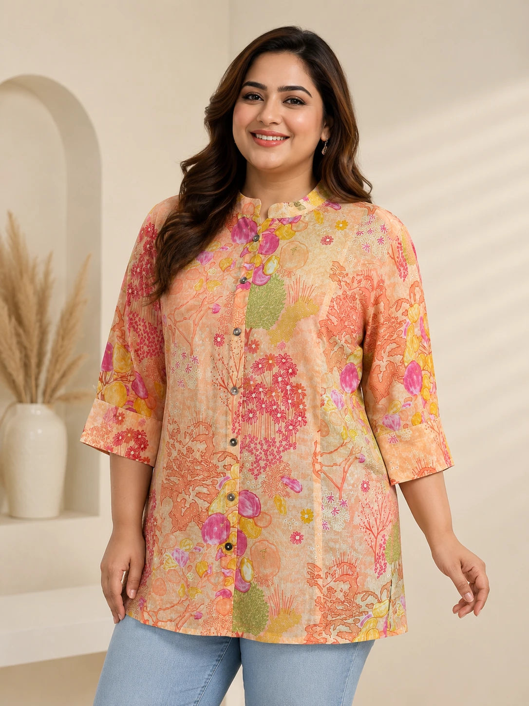 Pastel Orange Floral Printed Tunic