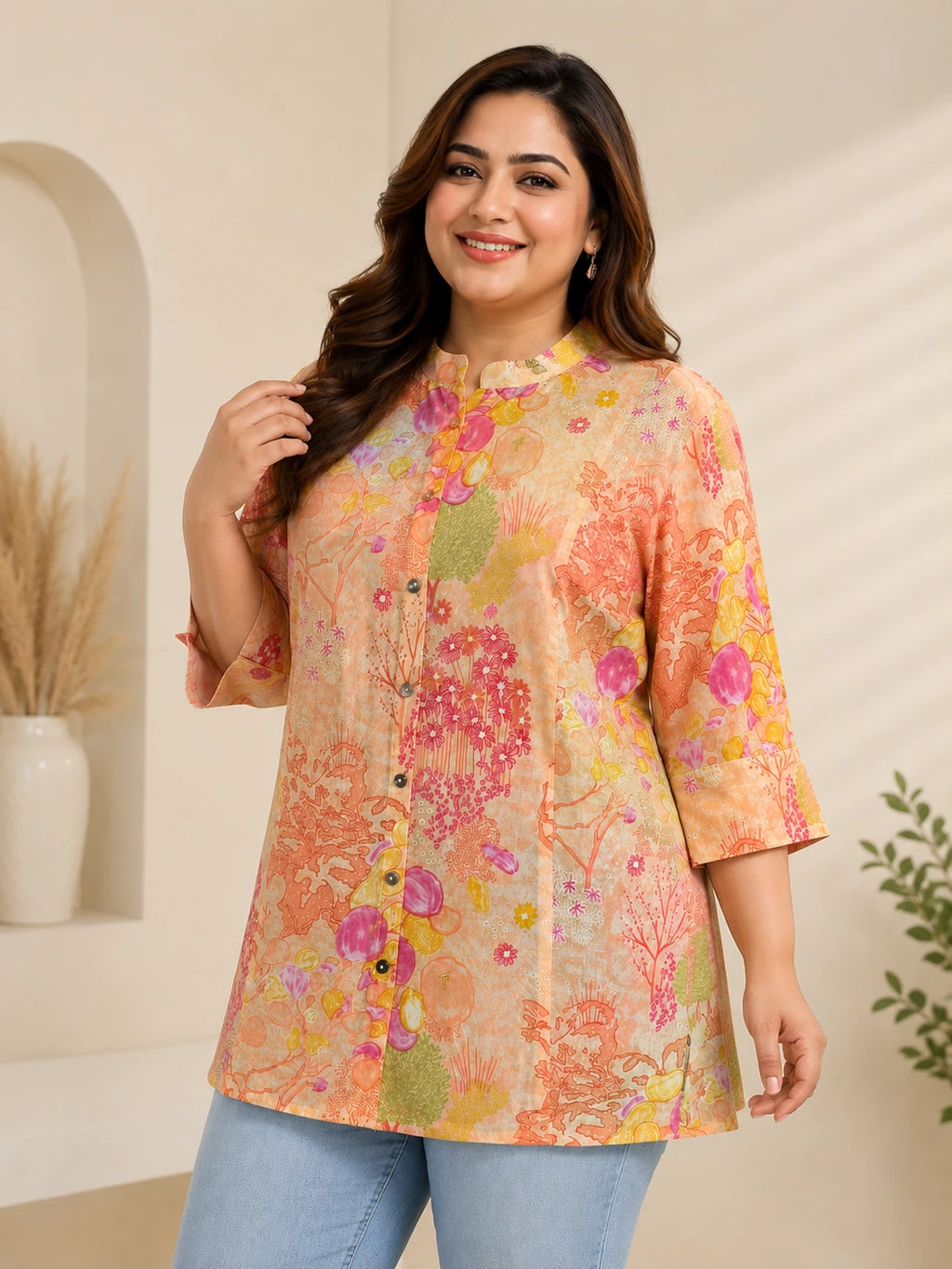 Pastel Orange Floral Printed Tunic